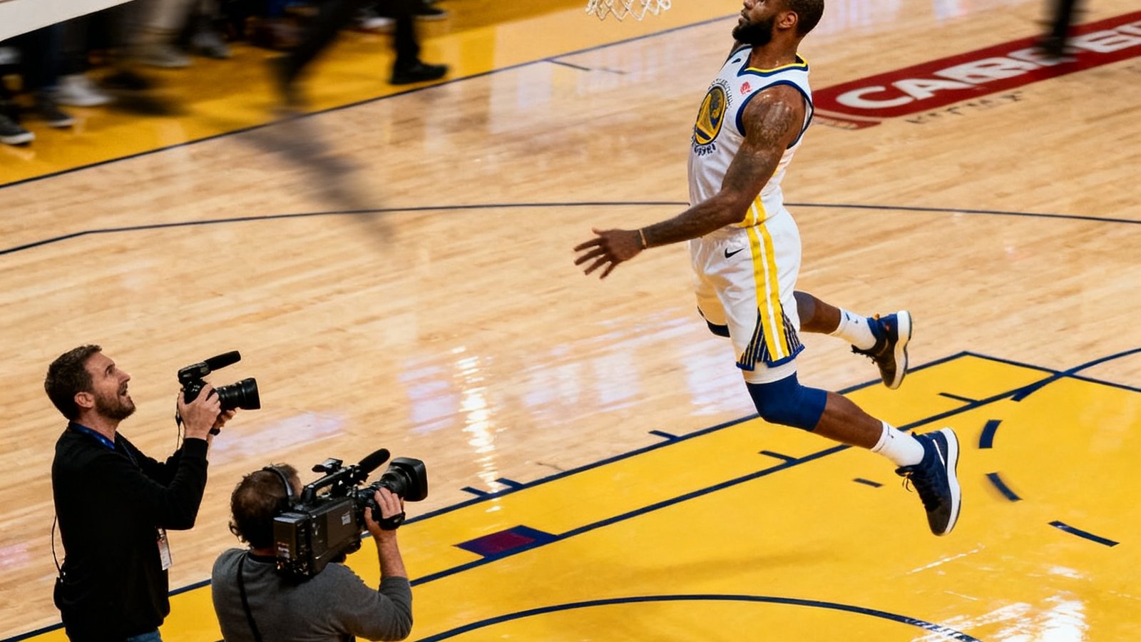 NBA赛场上球员从三分线外启动突破，飞身而起完成一记势大力沉的单手暴扣，篮架下的摄影师纷纷举起相机捕捉这一震撼画面